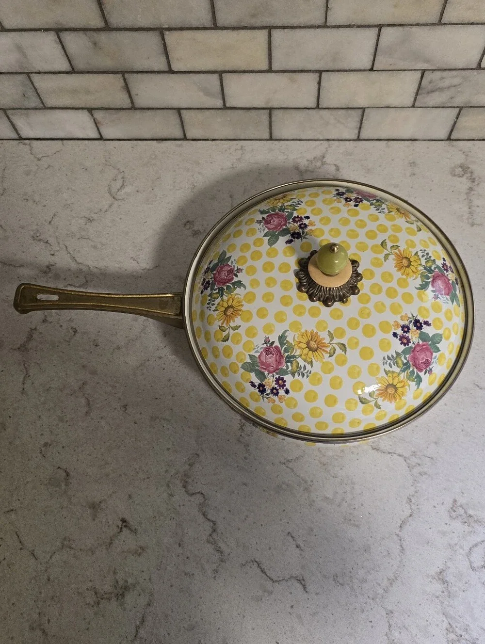 MacKenzie-Childs Buttercup Enamal Cookware 3 Quart Covered Skillet And Lid Pot